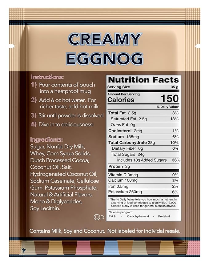 Double Donut Coffee Creamy Eggnog Hot Chocolate Mix Packets, Flavored Eggnog Hot Cocoa Mix, 18 Count