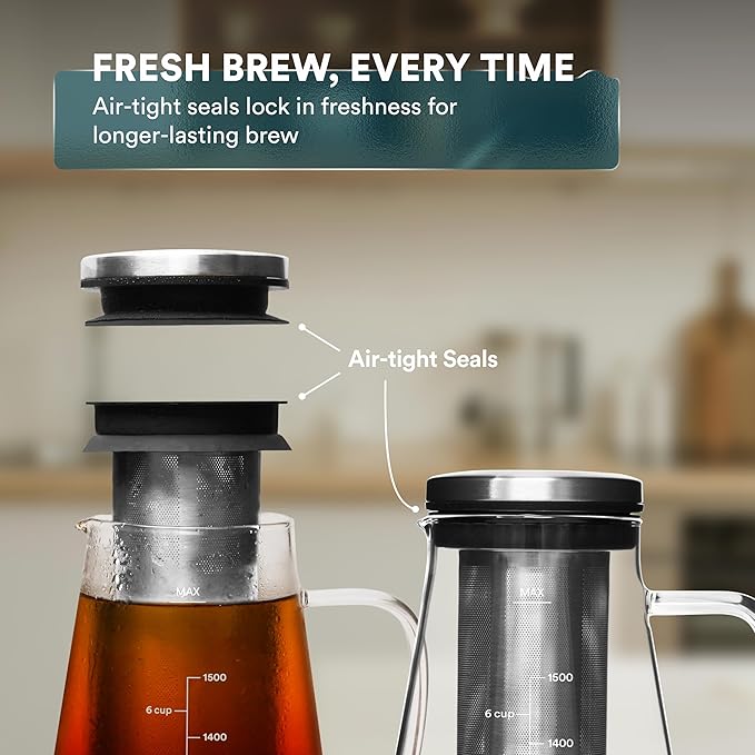 ovalware Pour Over Coffee Dripper Maker Paperless Stainless Steel Filter, Precision Measuring Cup and Carafe with Airtight Cold Brew Iced Coffee Maker Pitcher RJ3 Brewing Glass Carafe
