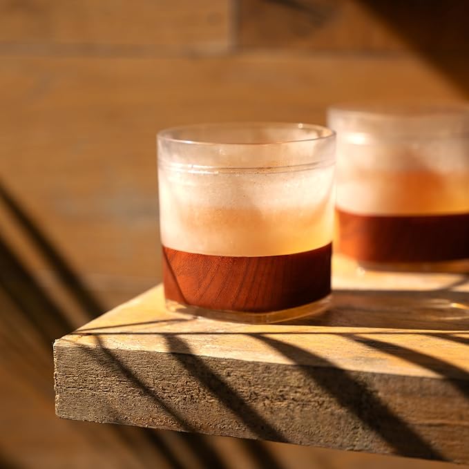 Host Whiskey Freeze Glasses, Double Old Fashioned Glasses with Oak Wood Design Silicone Band, Chill Without Dilution for Bourbon, Vodka, Rum, Bourbon Gifts for Men, Gifts for Him, 9 oz, Set of 2
