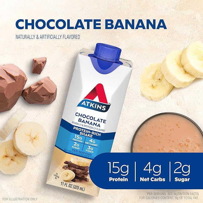 Atkins Chocolate Banana Protein Shake,15g Protein,Low Glycemic,4g Net Carb,2g Sugar,Keto Friendly,(Pack of 24)