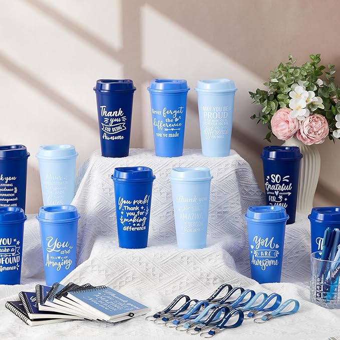 Skylety 12 Set/48 Pcs Employee Appreciation Gifts Bulk Christmas Thank You Gift Set 16 oz Coffee Cups Mini Spiral Notebooks Pens Keychains for Staff Team Teacher Coworker (Blue Gradient)