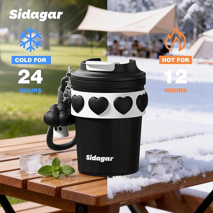 12 oz Travel Coffee Mug Spill Proof Leak Proof, Stainless Steel Thermal Coffee Cup with Lid, Resuable Cup for Hot and Cold, Portable Tumbler for Women, Black