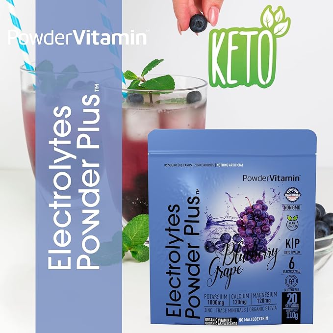 PowderVitamin Electrolytes Powder Plus (20 Servings) Blueberry Grape Electrolyte Powder Zero Calorie Keto,0 Sugar, No Maltodextrin,1000mg Potassium,120mg Calcium,120mg Magnesium, Pink Himalayan Salt