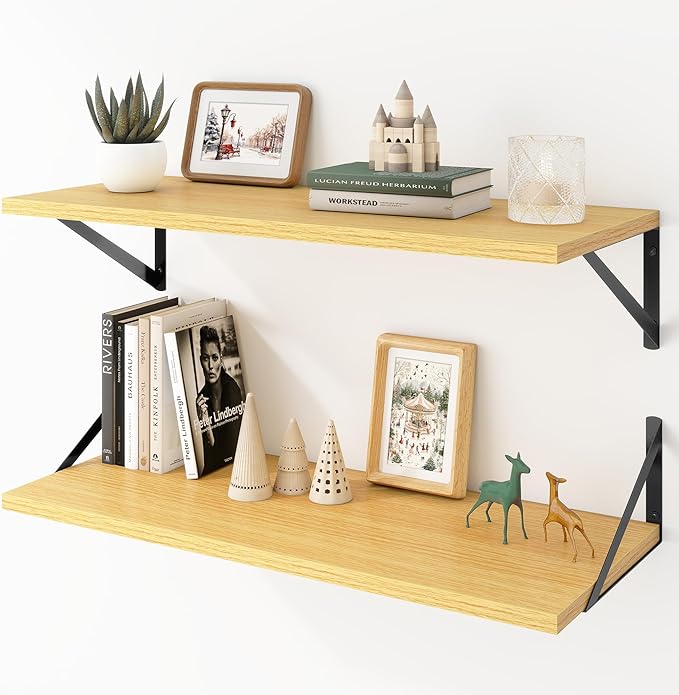 Deep Floating Shelves Wall Mounted, 30"x12" Oak Wall Shelves with Brackets Set of 2 for Bedroom, Living Room, Bathroom, Kitchen, Office - Storage & Display Shelf for Decor, Books, Plants