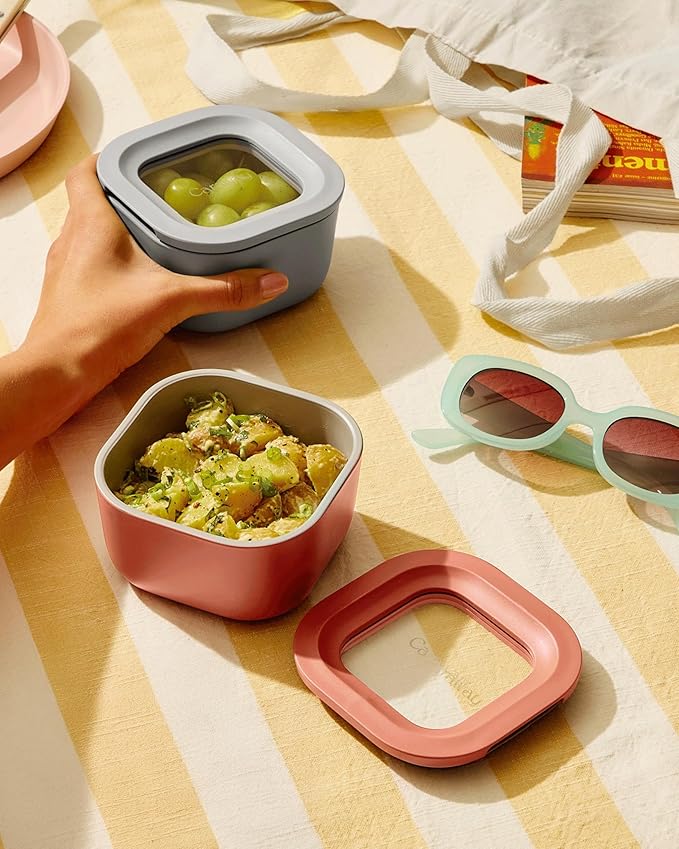 Caraway Mini Square Food Storage Container - 1.75 Cup Glass Storage Container for Food - Non-Toxic Ceramic-Coated Glass - Air Release Technology - Compact & Stackable Design - Perracotta