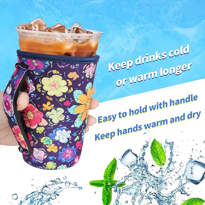 3 Pack Iced Coffee sleeve Insulated Neoprene Cup Sleeves with handle For Cold Drinks Beverages, Reusable Cup Holder for 16oz-32oz Coffee Cups (Book Club)
