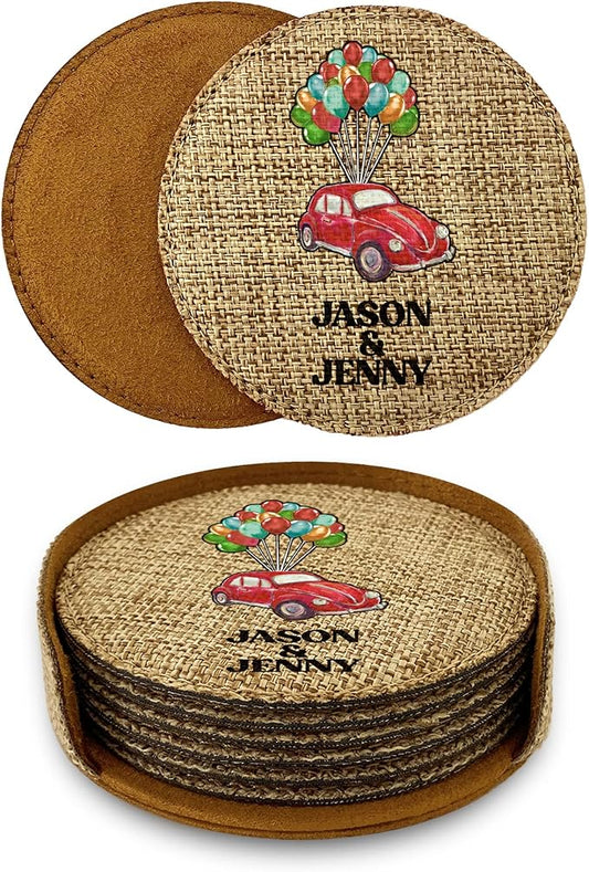 Smile Art Design Family Couple Names Custom Drink Coaster Set of 6 with Base Round Burlap Material Car Design Personalized Prints Personalized Gifts House Warming Rustic Decor Style9