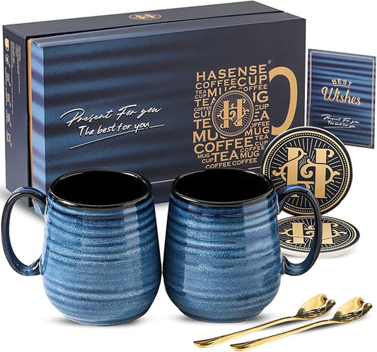 HASENSE Coffee Mugs Gift Set, 20 oz Ceramic Coffee Cups for Men and Women, Premium Large Tea Cups Gift Box with Coaster & Gold Spoon, Blue Couple Mugs for Christmas Thanksgiving