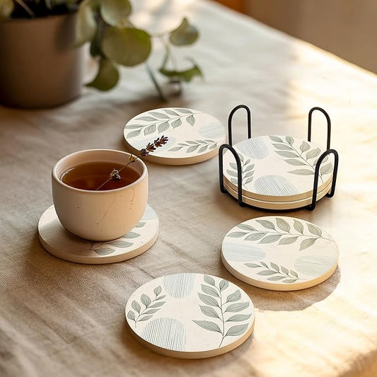 VEYRO Ceramic Coasters Set of 6 – Absorbent Stone Drink Coasters with Holder, Non-Slip Cork Backing, Modern Marble Look Coasters for Coffee Table, Desk & Home Decor