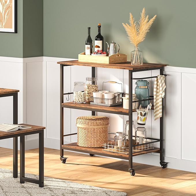 HOOBRO Kitchen Island with Storage, Industrial Kitchen Counter with Hooks and Side Enclosures, 3 Tier Kitchen Cart with Large Workstation, Saving Space, Easy Assembly, Rustic Brown and Black BF03ZD01