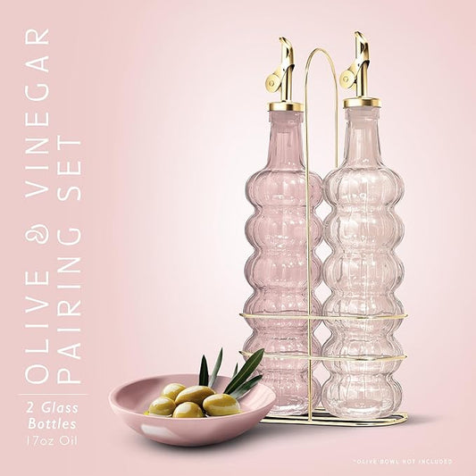 COOK WITH COLOR Glass Olive Oil Bottle Dispenser - 2 Pack- 17oz Oil and Vinegar Cruet - Olive Oil Carafe Decanter for Kitchen, Elegant Waves, Pink