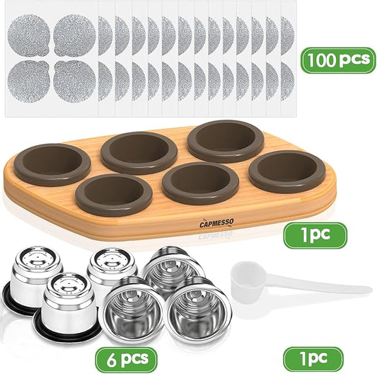 CAPMESSO Reusable Capsules for Nespresso OriginalLine, 6pcs Refillable Pods - Stainless Steel Coffee Pods Compatible with Nespresso OriginalLine Machine (6 Pods + 100 Lids + Wood Storage Tray)