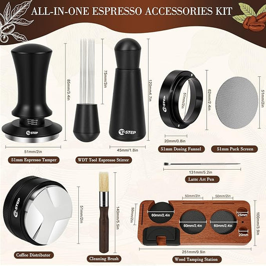 Y-Step 8 Pcs Espresso Accessories Kit, 51mm Espresso Tamper Kit Espresso Tools Barista Kit & Espresso Tamping Station, with 51mm Coffee Tamper, Distributor, WDT Tool, Dosing Funnel, Puck Screen, Brush
