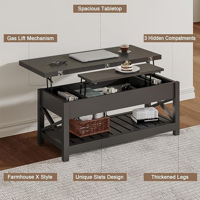 ChooChoo Coffee Table Lift Top, Multi-Function Convertible Coffee Table with Storage and Hidden Compartment, Converts to Dining Table for Living Room, 40 Black