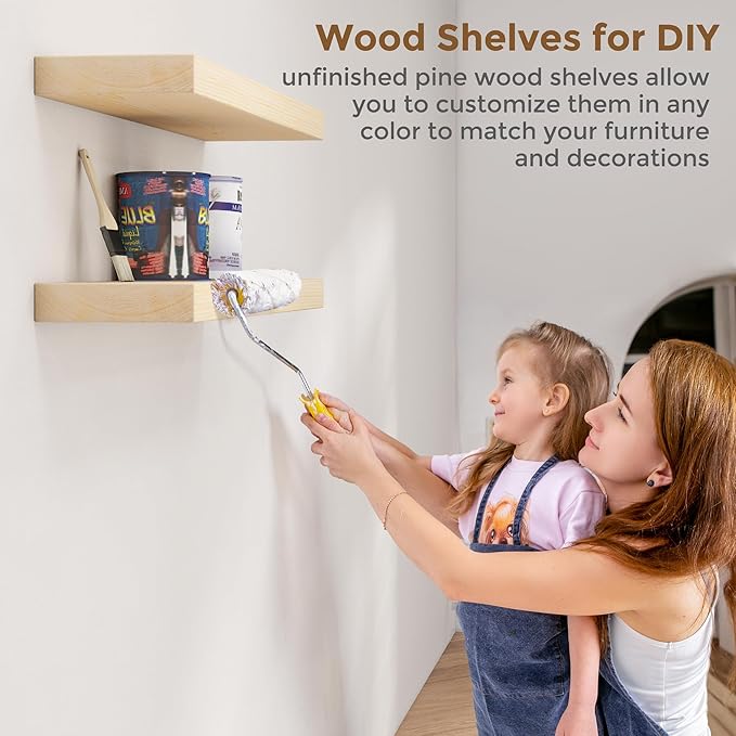 Marsmiles Floating Shelves for Wall - 48 Inch Unfinished Natural Wood Floating Shelves Set of 1-48 Inch Wide x 7.7 Inch Deep x 1.6 Inch Thick Natural Wooden Shelves for Room Wall