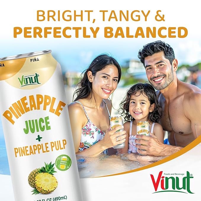 Vinut Natural Pineapple Juice Drink with Pulp, (16.57 fl oz, Pack of 24) - Real Pineapple Juice, No Sugar Added, Gluten Free, GMO-Free