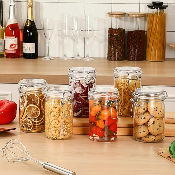 Suclain 6 Pcs 25 Oz/750 ml Plastic Storage Jars with Airtight Hinged Lids, Clear Wide Round Mouth Food Storage Containers Empty Bottles Sealed Jars for Home Kitchen Candy Herbs Spices Coffee Nuts
