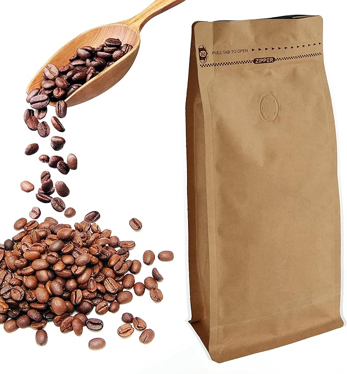 50 Pieces 1 Kg Kraft Paper Stand Up Coffee Bag/Flat Bottom Pouch with Air Release Valve and Reusable Side Zipper. (50pcs, 2.2lb/32oz/1kg)