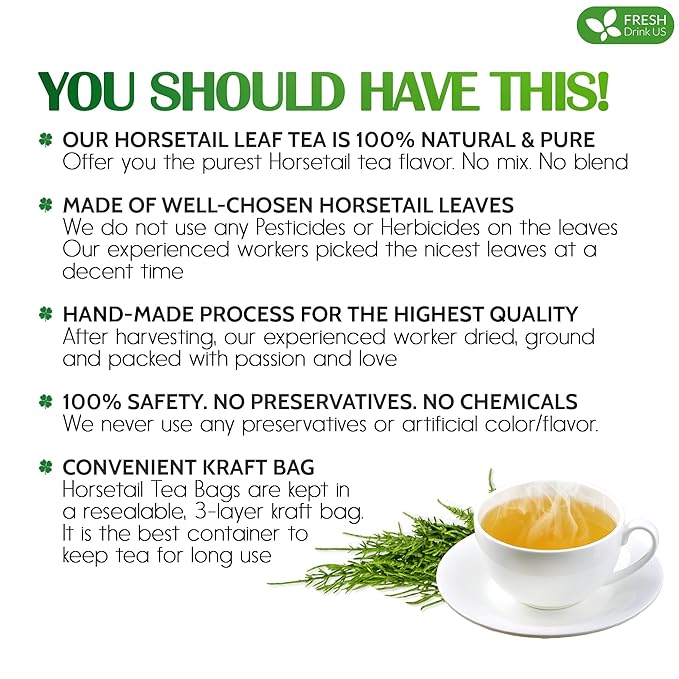 FreshDrinkUS, Premium 30 Horsetail Leaf Tea Bags, 100% Natural & Pure from Horsetail Loose Leaves Herbal Tea. Made with Natural Material Tea Bags. No Sugar, No Caffeine, No Gluten, Vegan.