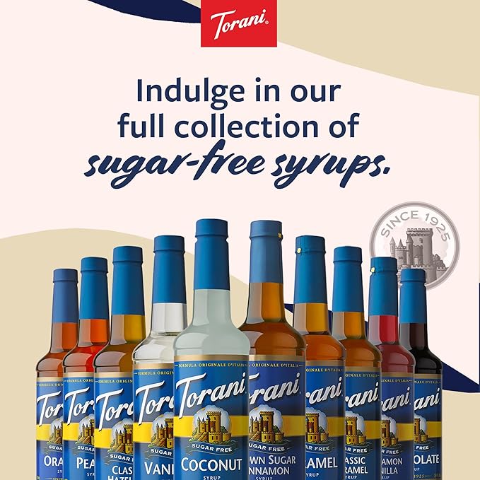 Torani Sugar Free Raspberry Syrup and Sugar Free Peach Syrup Variety 2-Pack, Flavored Syrups for Drinks, Pumps Included, 25.4 Fl Oz Ea
