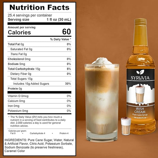 Syruvia Coffee Syrup, Irish Cream Flavored Syrup for Drinks, Lattes, and Desserts – 25.4 fl oz