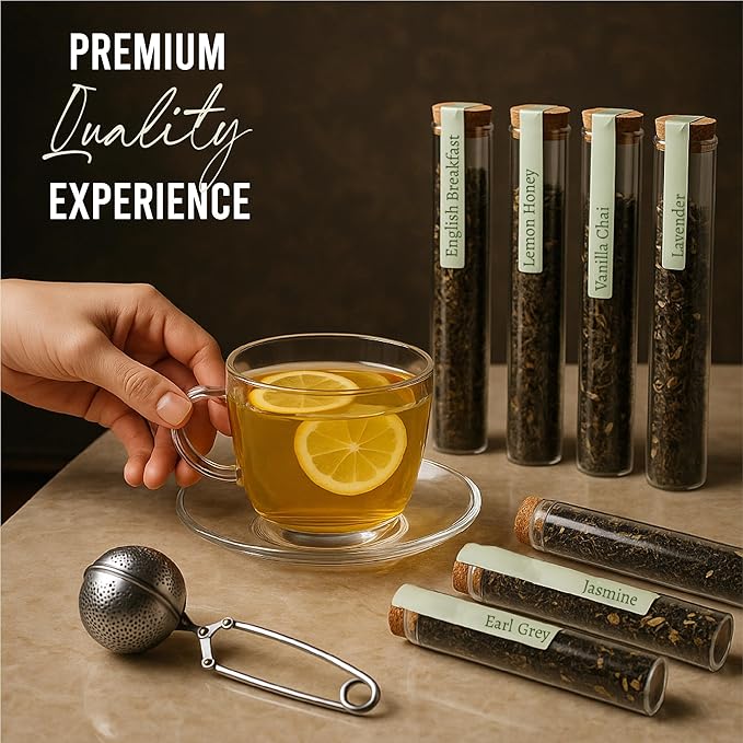 Loose Leaf Tea Sampler - Tea Gift Set Box – 8 Unique Flavors with Stainless Steel Infuser | Vanilla Chai, Jasmine, Lemon Honey & More | Tea Gift Set for Women and Men - Set of 9
