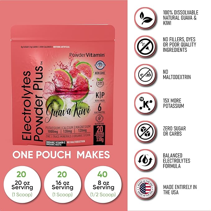 PowderVitamin Electrolytes Powder Plus (20 Servings) Guava Kiwi Electrolyte Powder Zero Calorie Keto,0 Sugar, No Maltodextrin,1000mg Potassium,120mg Calcium,120mg Magnesium, Pink Himalayan Salt