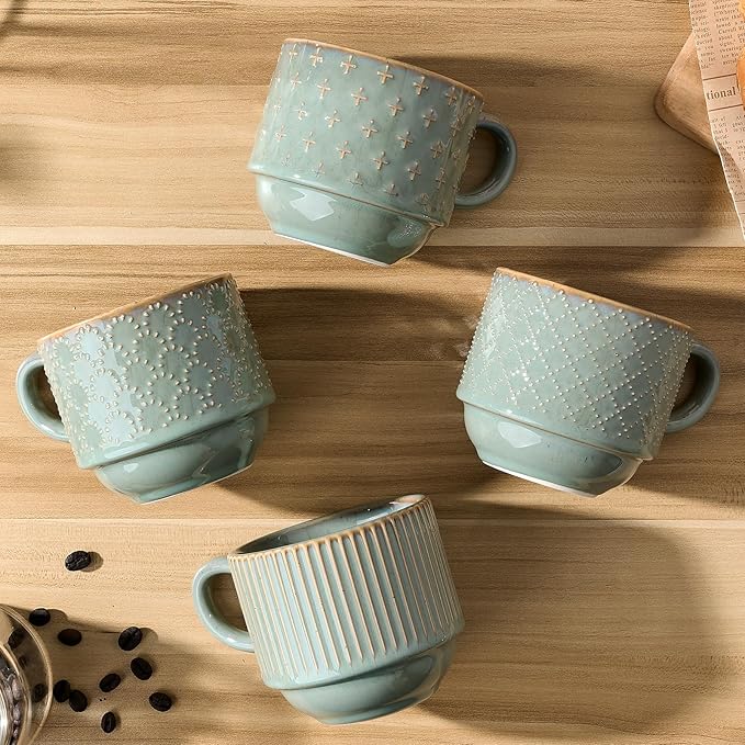 JIEMEI HOME Large Ceramic Coffee Mug Set of 4 with Stand, 15 Oz Stackable Embossment Ribbed Latte Cup Set for Cappuccino, Latte, Tea, Hot Cocoa, Drinks - Dishwasher & Microwave Safe, Vintage Turquoise