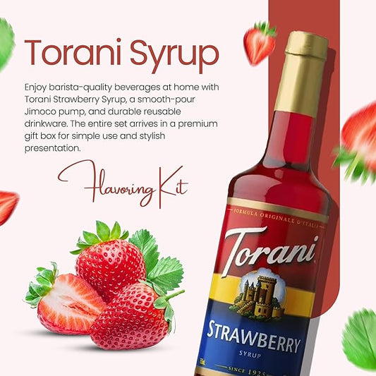 Jimoco Barista Set – Torani Strawberry Syrup 25.4 oz, Jimoco Pump, Reusable Cup, Straw & Stirrer – Coffee, Italian Soda & Cocktail Flavoring Kit