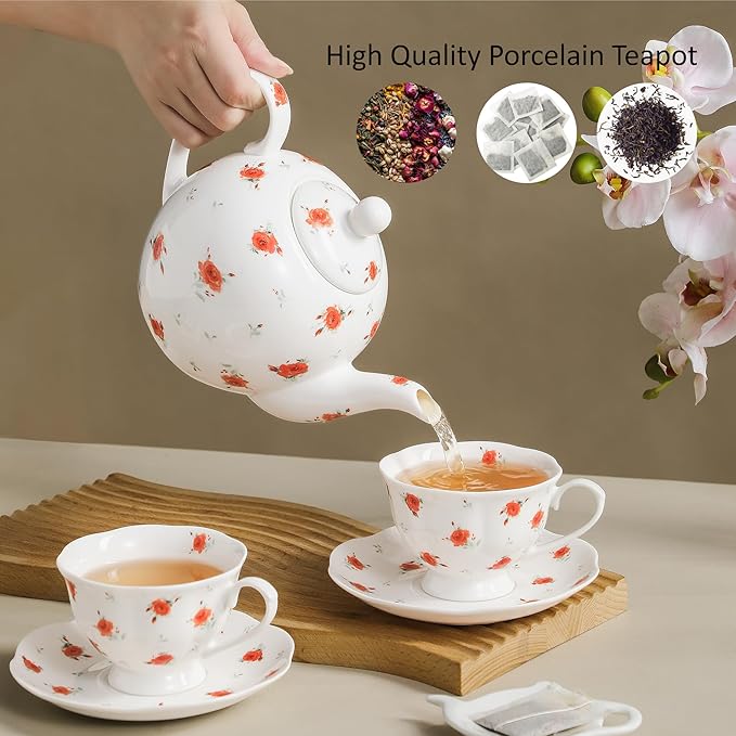 30oz FLoral Porcelain Teapot (4 Cups) - Elegant Ceramic Tea Pot with Vibrant Roses, Ideal for Loose Leaf & Bagged Tea, Dishwasher Safe