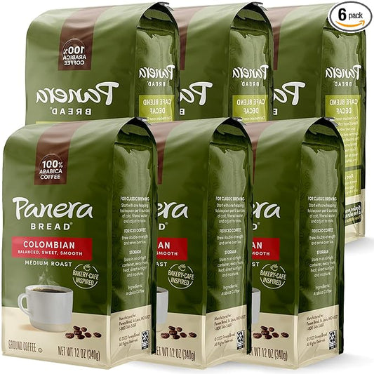 Panera Colombian Ground Coffee, Medium Roast With Brown Sugar Hints - Smooth Balanced Everyday Brew, 100% Arabica Beans, Clean Label No Artificial Ingredients - Kosher Certified, 12oz Bag Pack of 6 (72oz Total)