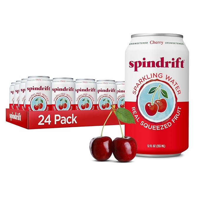 Spindrift Sparkling Water, Cherry Flavored, Made with Real Squeezed Fruit, 12 Fl Oz Cans, Pack of 24 (Only 21 Calories per Can)