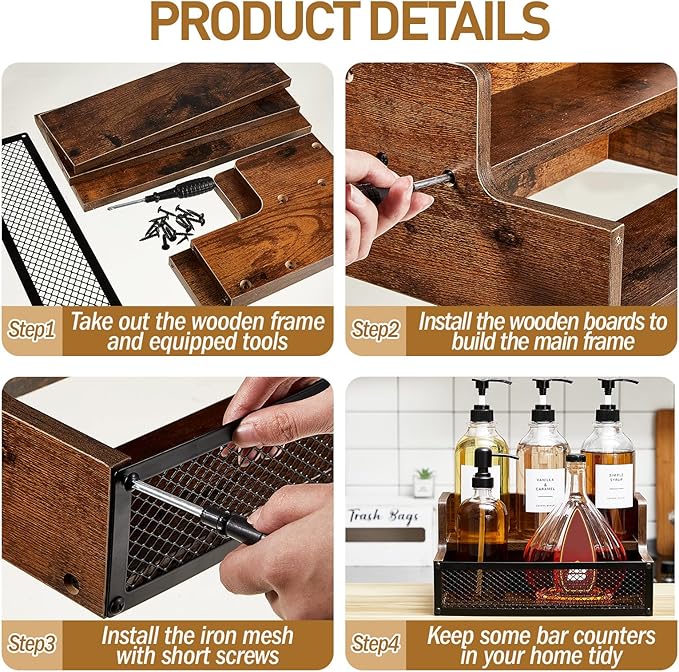 Menkxi Coffee Syrup Rack Liquor Bottle Display Shelf 6/12 Bottles Wood Liquor Shelf with Fences Cabinet for Whiskey Wine Coffee Syrup Display(2 Tier)