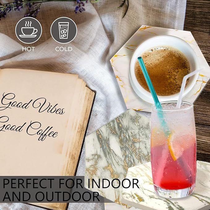 8 Pcs Coasters for Drinks Absorbent with Holder|Marble Design Ceramic Coaster Set| Super Absorbent Hot and Cold Drink Coasters| Table with Cork Bottom | Cup for Living Room，Gray Gold