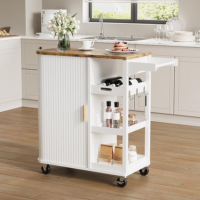 Small Rolling Kitchen Island Cart with Sliding Doors, 35.3“ Mobile Kitchen with Storage, Adjustable Height Shelves, Locking Casters Storage Island Table for Kitchen, Living Room, Dining Room（White）
