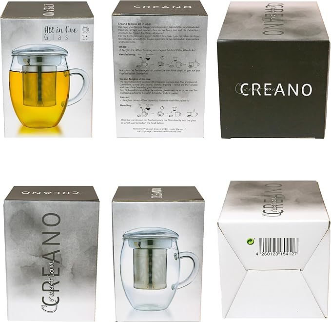 Creano Tea Glass with Stainless Steel Infuser & Glass Lid | 14oz Borosilicate Glass Mug