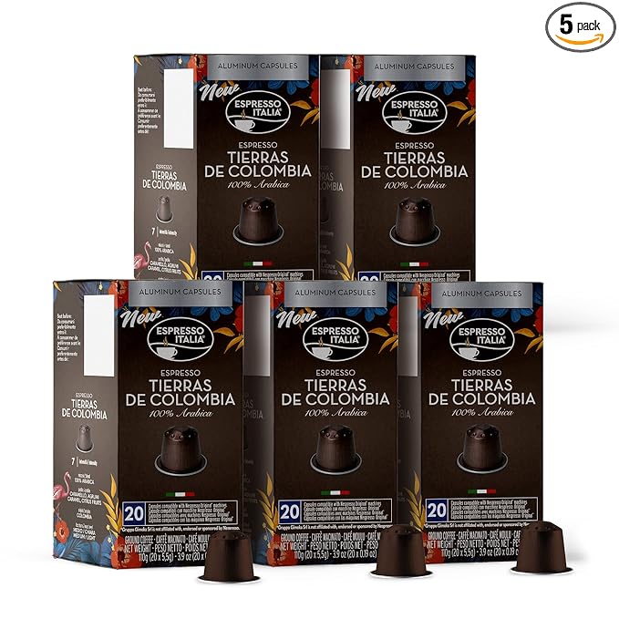 ESPRESSO ITALIA 100 Aluminum Capsules Compatible with Nespresso Original Lines Machines - TIERRAS DE COLOMBIA BLEND, Italian Espresso Coffee Pods