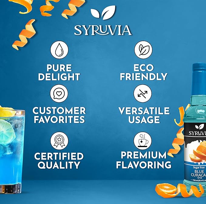 Syruvia Sugar Free Blue Curacao Syrup, Flavored Syrup for Cocktails, Drinks, Lemonades, Iced Teas, and Desserts – 25.4 fl oz, With Pump