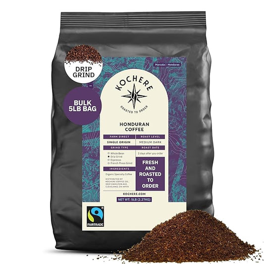 Honduran Coffee, Drip Grind, Medium Dark Roast, 5LB – Single Origin Arabica Beans from Marcala, Fair Trade, Fresh Roasted to Order by Kochere