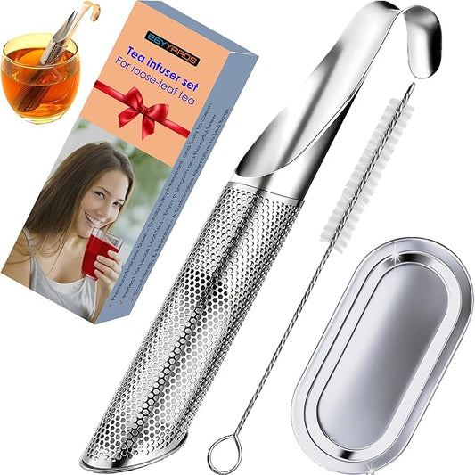 Stainless Steel Tea Infuser Set for Loose Leaf Tea – Durable Food-Grade Strainer with Long Handle, Hook, Drip Tray, and Cleaning Brush, Suitable for Single-Cup Brewing