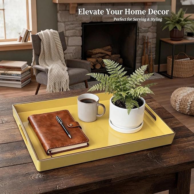 Zosenley Decorative Tray, Rectangular Plastic Tray with Handles, Modern Vanity Tray and Serving Tray for Bathroom, Kitchen, Ottoman and Coffee Table, 15.6” x 10.2” (Light Yellow)