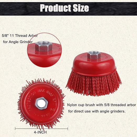 4 Inch Abrasive Filament Nylon Cup Brush for Angle Grinder, 5/8" 11 Thread, Nylon Wheel Brush for Grinders -Remove Rust, Corrosion, Paint, for Surface Pre-Treatment of Various Metals (2 Pack)