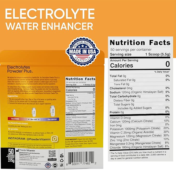 PowderVitamin Electrolytes Powder Plus (50 Servings) Tangerine Pineapple Electrolyte Powder 0 Calorie Keto, 0 Sugar, No Maltodextrin,1000mg Potassium,120mg Calcium,120mg Magnesium, Hydration Powder