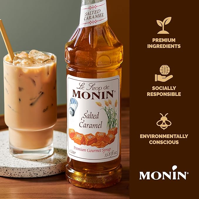 Monin - Salted Caramel Syrup, Natural Flavors, Great for Mochas, Lattes, Smoothies, Shakes, and Cocktails, Non-GMO, Gluten-Free (750 ml)