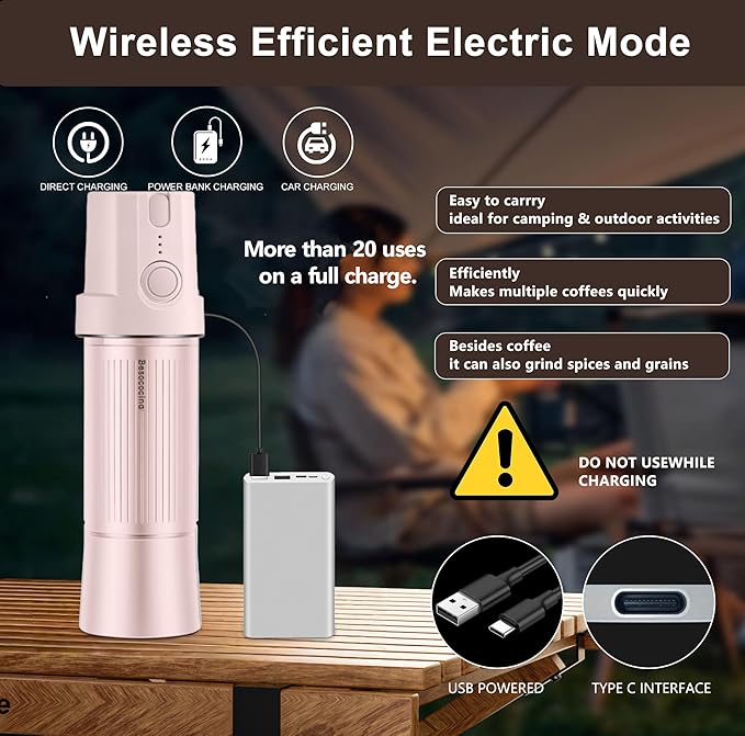 Burr Coffee Grinder 2-in-1 Manual/Electric, 40mm Stainless Steel Conical Burr Coffee Bean Grinder, USB Rechargeable Home Use, 16 Grind Levels for Espresso/Drip/French Press/Mocha (Pink)