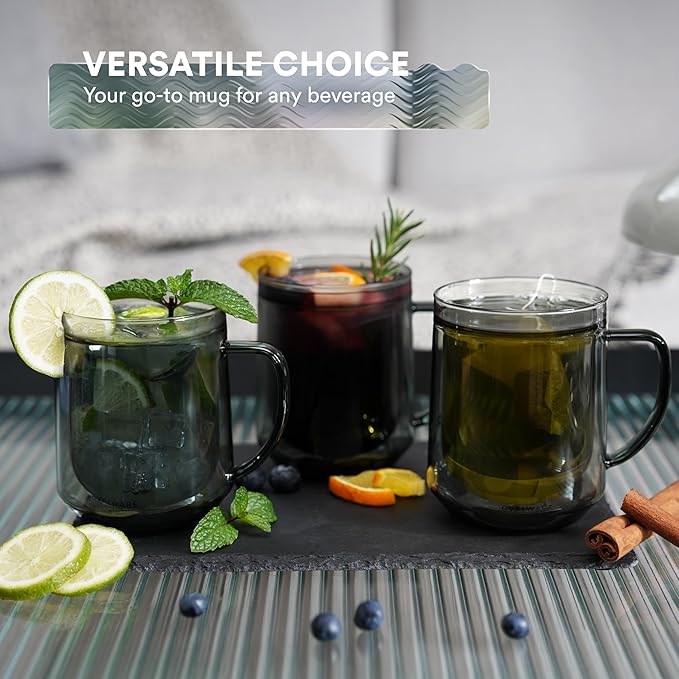 ovalware 500ml Double Wall Glass Coffee Mugs, Single Lip Mugs Made of Durable Borosilicate Glass, Insulated Coffee Mug with Handle for Hot and Cold Drinks - Stealth Gray