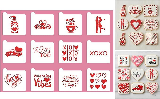 Happy Valentine's Day Cookie Stencils Decorations Set, 12-Pack Reusable Valentine's Day Heart Love Designs for Baking Decoration Tools for Cookies, Royal Icing, Cakes, Coffee & Crafts