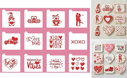 Happy Valentine's Day Cookie Stencils Decorations Set, 12-Pack Reusable Valentine's Day Heart Love Designs for Baking Decoration Tools for Cookies, Royal Icing, Cakes, Coffee & Crafts