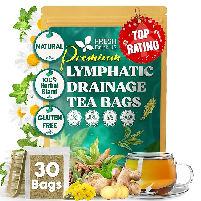 FreshDrinkUS, Lymphatic Drainage Tea | 30 Tea Bags | Herbal Tea Bags with Ginger, Dandelion Root, Burdock Root, Mullein, Calendula, Lemongrass, Rose, Licorice & Tulsi – Caffeine-Free Herbal Blend