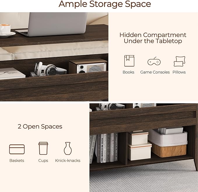Yaheetech Lift Top Coffee Table with Hidden Storage Compartment & 2 Open Shelves, Rising Tabletop Pop Up Center Table for Living Room Reception Room, 47.5'' L, Espresso
